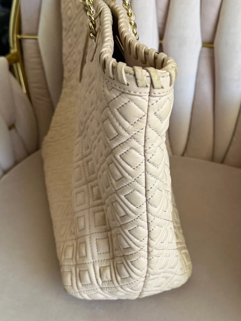 Tory Burch Marion Beige Quilted Leather Tote